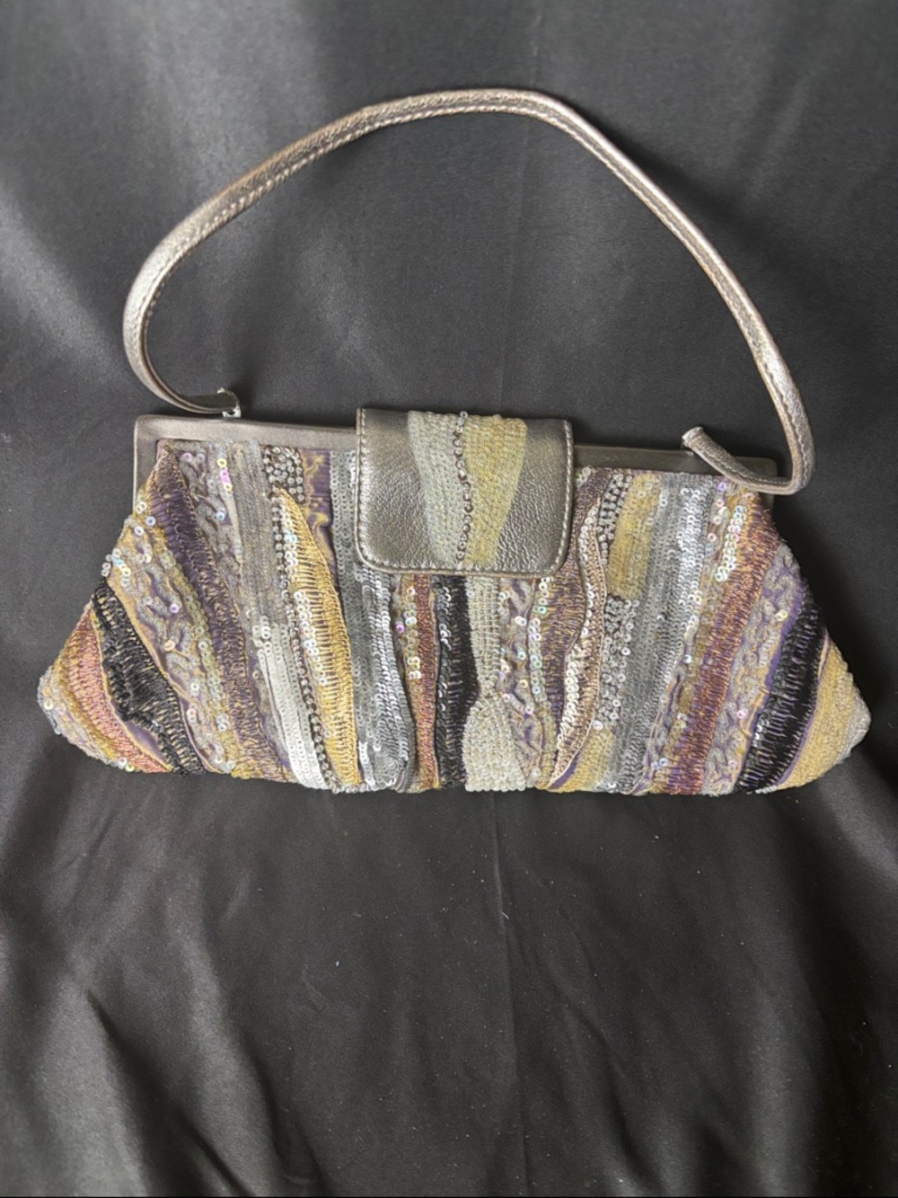 Embellished Multi-Stripe Evening Clutch in Metallic Silver and Pastels